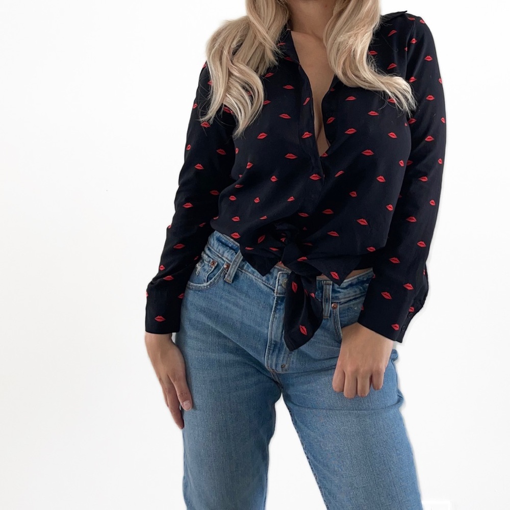 IRO Lip Printed Collared Button Up Blouse Top Black Size 36 US size 4